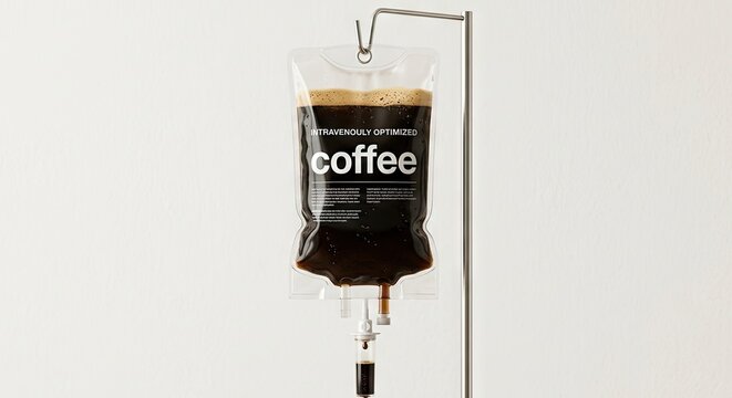 Conceptual creative image of a medical IV drip bag filled with dark black coffee hanging on a metal stand