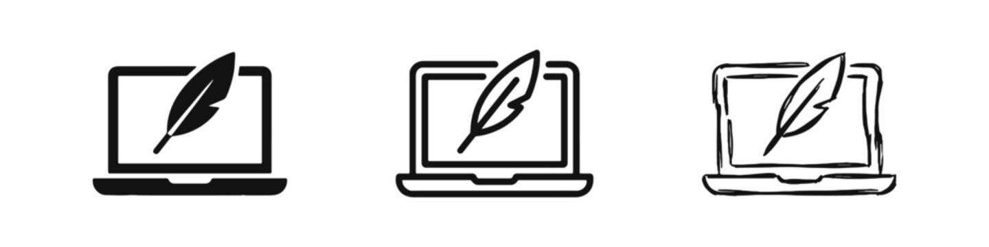 Laptop with Quill Pen Digital Writing Icons