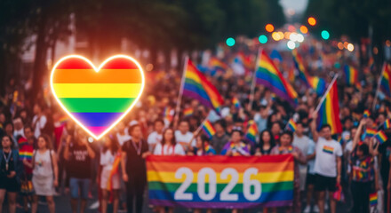 Fototapeta premium Rainbow heart and pride flags at a vibrant parade, symbolizing love, acceptance, and LGBTQ+ community celebration, perfect for events and awareness campaigns