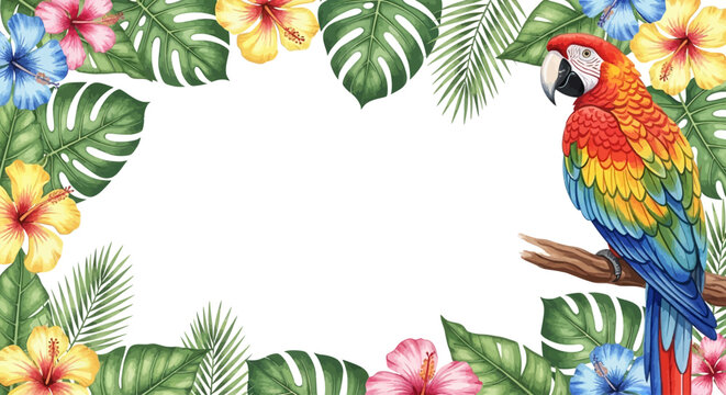 Colorful parrot, tropical leaves, floral border, exotic bird, vibrant illustration, vector graphics