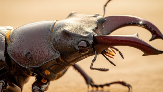 Animal - Extreme Closeup of Male Stag Beetle Showing Massive Mandibles and Glossy Dark Exoskeleton Detail