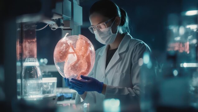 Female Scientist Examining Human Fetus Hologram in Futuristic Laboratory.