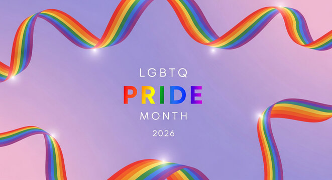 Rainbow ribbons curve across a gradient purple and pink background, representing LGBTQ pride and celebration, ideal for awareness campaigns or events.