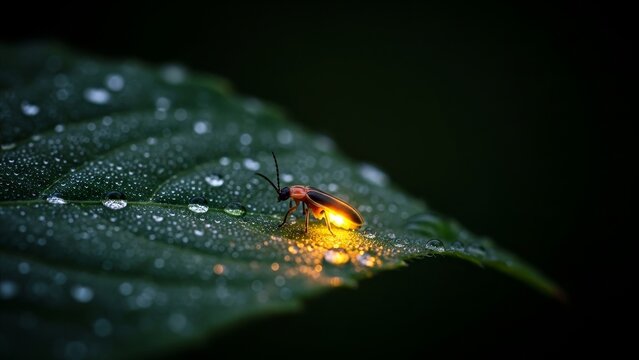 Animal - Glowing Firefly Resting on Wet Green Leaf with Water Droplets in Dark Night Background