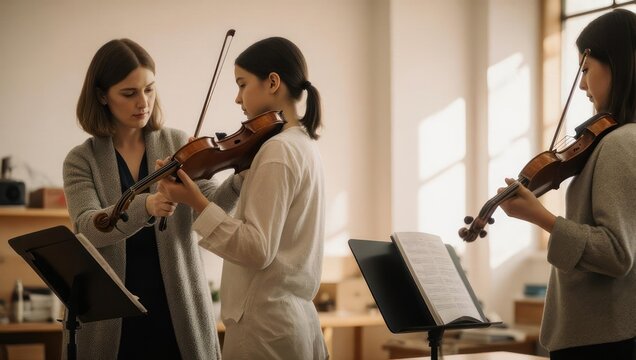 Female violin teacher guiding young students in a bright music classroom.