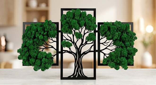 Modern triptych wall decor featuring a tree silhouette with vibrant green moss foliage framed in black geometric squares on a white table