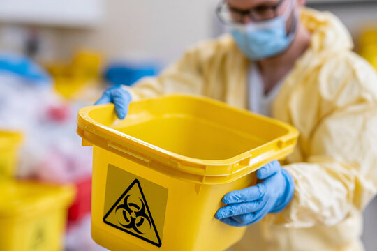 Person in protective gear holds yellow biohazard bin. They wear gloves, mask, and goggles. Focus is on bin's warning symbol. Scene suggests medical or lab safety protocol. Ideal for health, safety