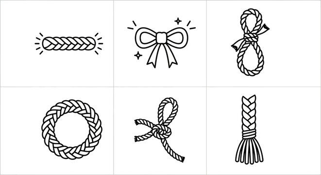 Rope, knot, and bow line icons, black line art, 6 piece vector set, illustration bundle