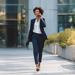 Fototapeta premium Confident Young Businesswoman Walking Outside in Formal Suit Talking on Phone