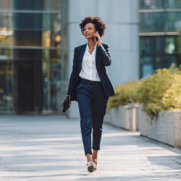 Confident Young Businesswoman Walking Outside in Formal Suit Talking on Phone