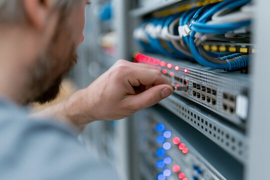 Technician adjusts network cables in server rack. Fingers press buttons as lights blink softly. Focus shows care for infrastructure stability. Image suits tech, IT, data center