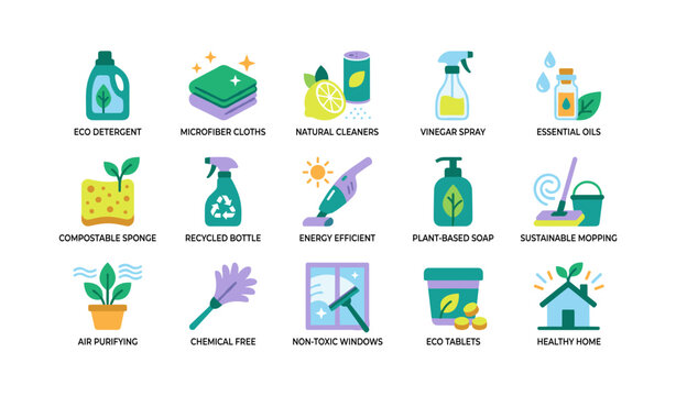 Eco cleaning products icons displayed in a white grid layout