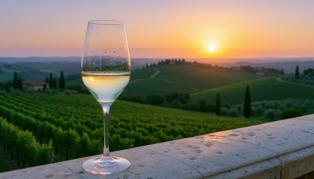 A glass of chilled white wine sits on a stone ledge overlooking a scenic vineyard at sunset. The golden light illuminates the rolling hills and rows of grapevines.