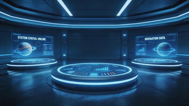 Futuristic control room with holographic displays