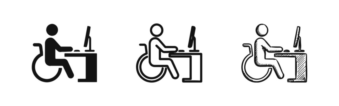 Disabled person working at computer desk icon set