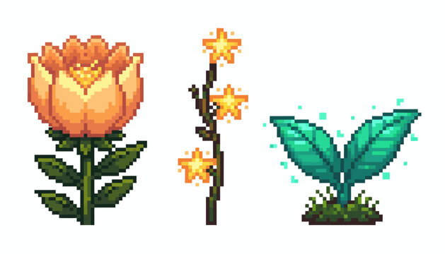 Pixel art flowers, orange blossom, green leaves, plant icons, 3 vector graphics