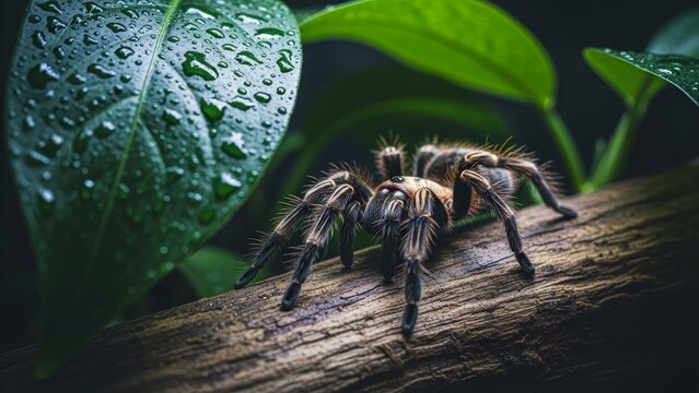 Animal - Large Hairy Tarantula Spider Resting on Wet Wooden Log in Tropical Rainforest Jungle