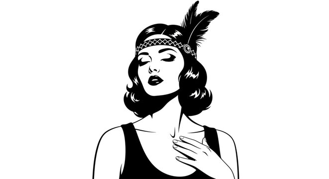 Vintage flapper woman, black and white illustration, feathered headband, 1920s style icon, vector art