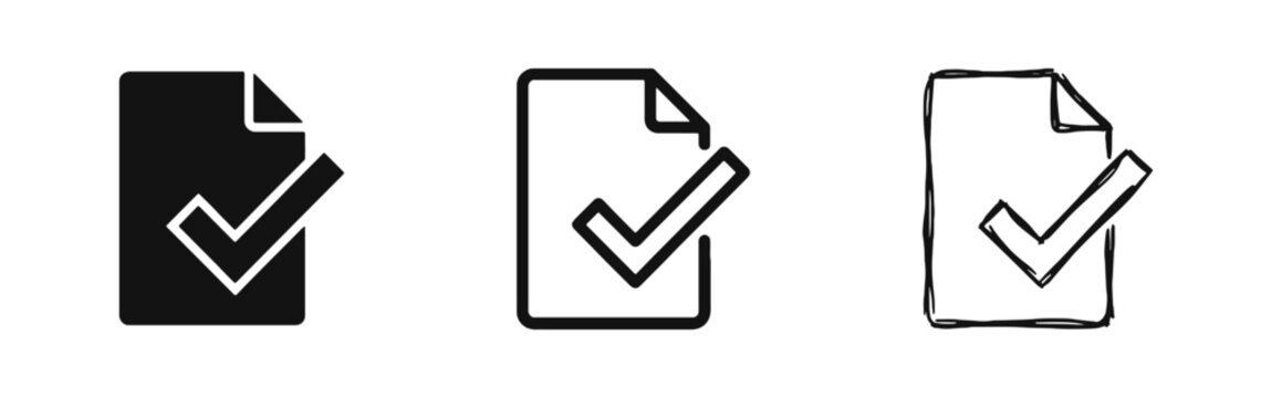 Document approved icons with checkmark in solid, outline, and hand-drawn styles for business workflow projects.
