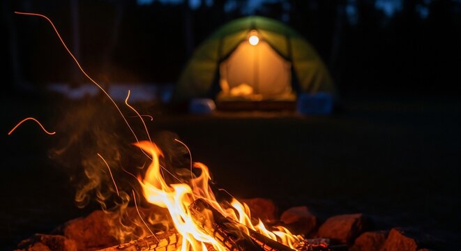 Cozy tent interior with sleeping bag and string lights