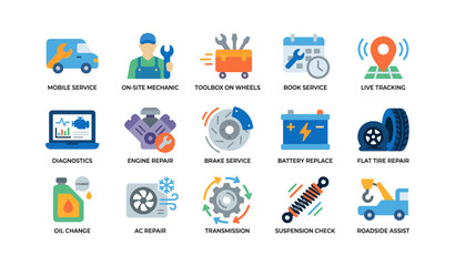 Fototapeta premium Automotive maintenance icons showing service types in grid