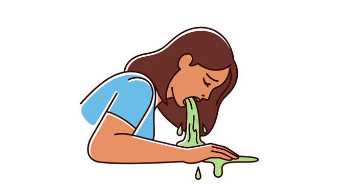 Sick woman, vomiting, green, cartoon, illustration, nausea, illness, sickness, vector icon