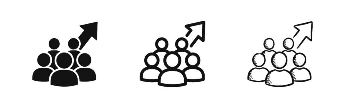 Team growth and business success icon set featuring group of people with upward arrow in various styles.