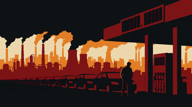 Silhouettes vector of cars lined up at a gas station with a massive smoking industrial refinery in the background representing high fuel demand and environmental impact