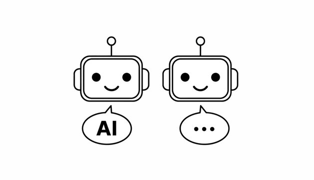 AI robot characters, smiling chatbots, vector illustrations, line art, simple icons, communication symbols, black and white graphics