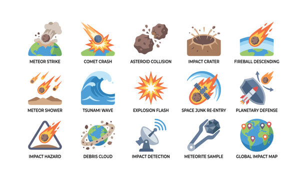 Space impact icons depicting meteors and craters on white background