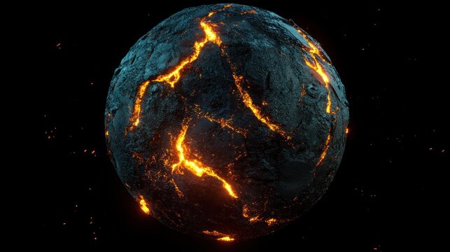 Abstract Planet Surface with Glowing Lava Cracks, Cosmic Energy, Dark Background