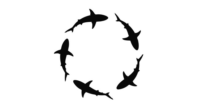 Circle of sharks silhouette marine predators swimming in a group formation