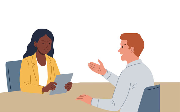 Modern flat vector illustration of a job interview scene featuring a female recruiter holding a resume clipboard and a male candidate talking at a desk, isolated on white background.