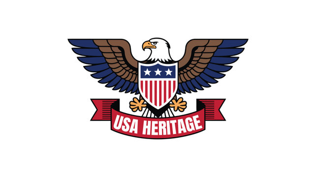 American eagle mascot emblem with usa heritage ribbon and patriotic shield crest.