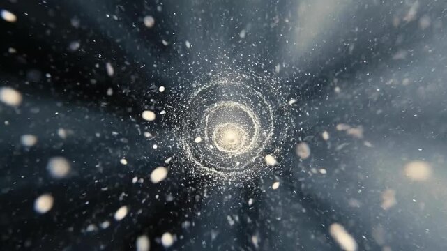 Swirling cosmic tunnel with particles in abstract style on dark background, concept of space distortion