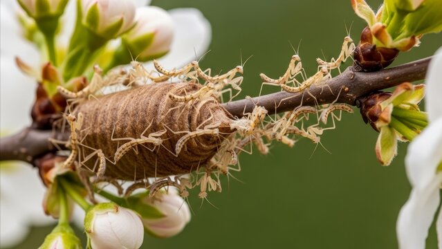 Animal - Praying Mantis Nymphs Hatching from Ootheca Egg Case on Flowering Spring Branch