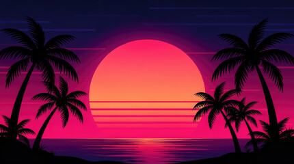 Fototapeta premium Retro synthwave style beach landscape with dark palm tree silhouettes against a vibrant neon pink and purple sunset sky over a dark ocean horizon
