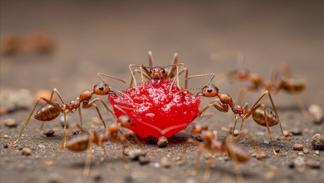 Animal - Red Ants Carrying Heart Shaped Red Candy Together on Sandy Ground Close Up Macro Photography