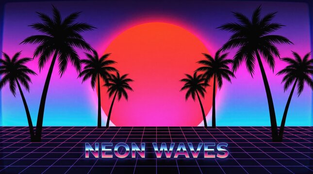 Retro synthwave landscape with silhouetted palm trees, glowing neon sun, and digital grid horizon line