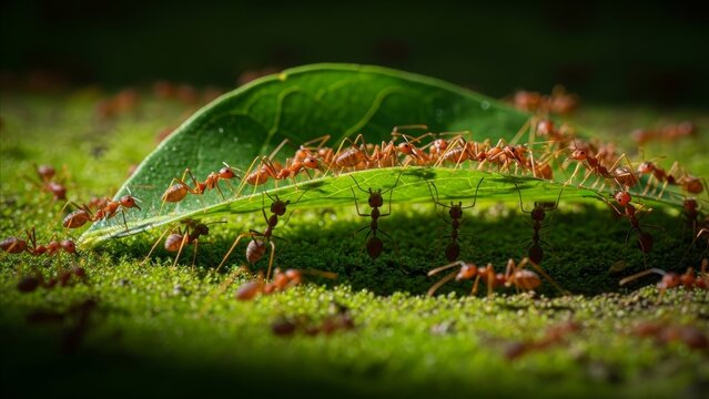 Animal - Red Ants Colony Cooperating to Lift Green Leaf on Moss Covered Ground in Tropical Forest