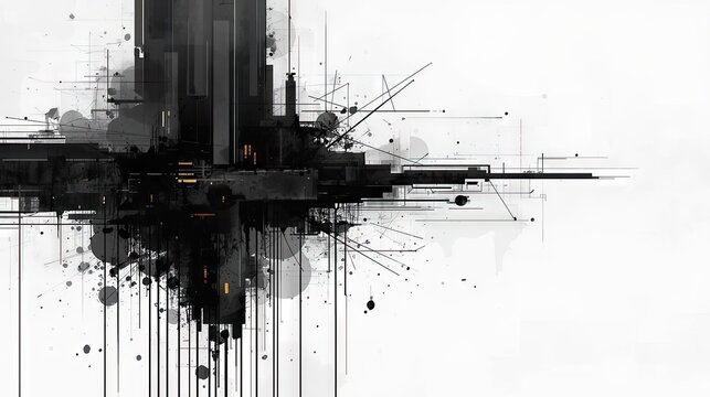 Abstract black and white digital art with vertical ink drips, angular geometric structures, and ink splatters reminiscent of a deconstructed cityscape
