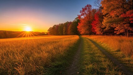 Naklejka premium golden hour rural dirt path through autumn wheat field at sunrise