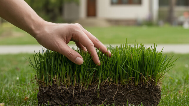 Hand touching a square of healthy green grass with roots and soil lawn turf