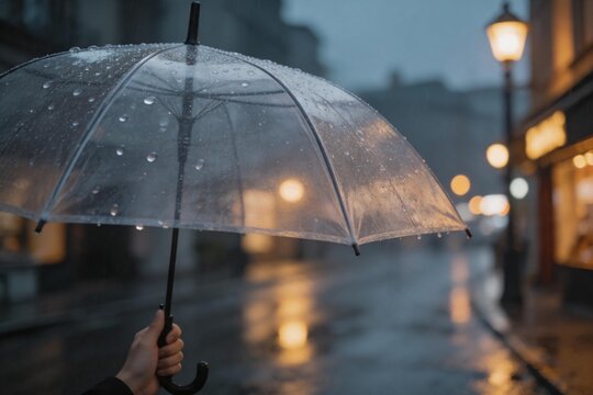Hand holding transparent umbrella in rainy street