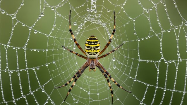 Animal - Wasp Spider Argiope Bruennichi on Dew Covered Web with Yellow Black Striped Abdomen Close Up