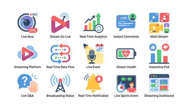 Live streaming and broadcasting icons arranged on white background