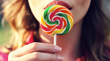 Obraz premium Woman with blonde hair and red lipstick eating a colorful swirl lollipop candy sweet