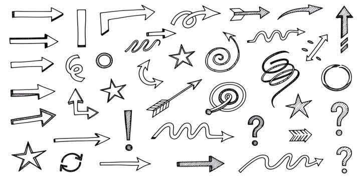 Collection of hand drawn arrows and symbols on white background