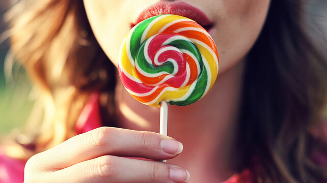 Woman with blonde hair and red lipstick eating a colorful swirl lollipop candy sweet