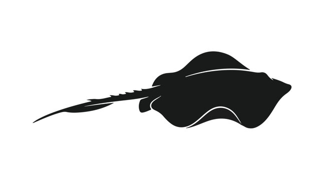 Black silhouette of a stingray fish swimming in water, isolated on white background, marine life, ocean creature, aquatic animal